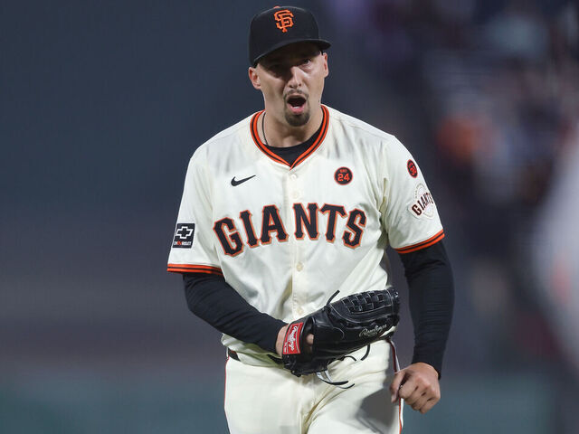 SAN FRANCISCO, CALIFORNIA - AUGUST 12: Blake Snell #7 of the San Francisco Giants reacts after striking out Austin Riley #27 of the Atlanta Braves in the top of the sixth inning at Oracle Park on August 12, 2024 in San Francisco, California.