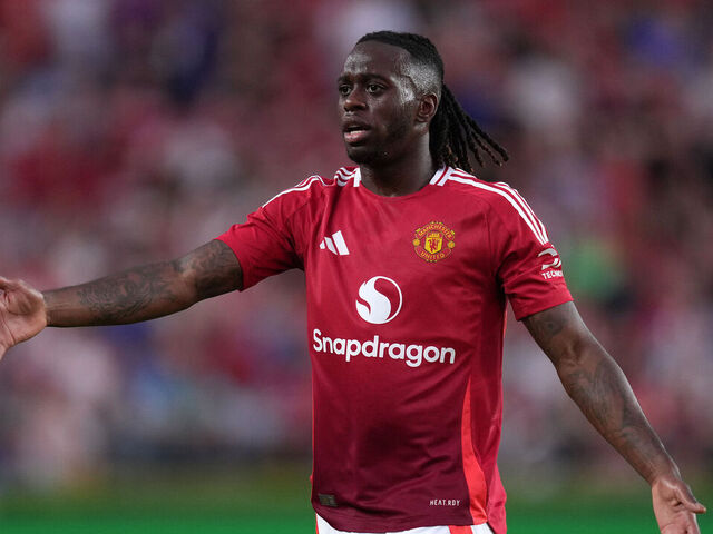 COLUMBIA, SOUTH CAROLINA - AUGUST 03: Aaron Wan-Bissaka #29 of Manchester United reacts during a pre-season friendly match against Liverpool at Williams-Brice Stadium on August 03, 2024 in Columbia, South Carolina.