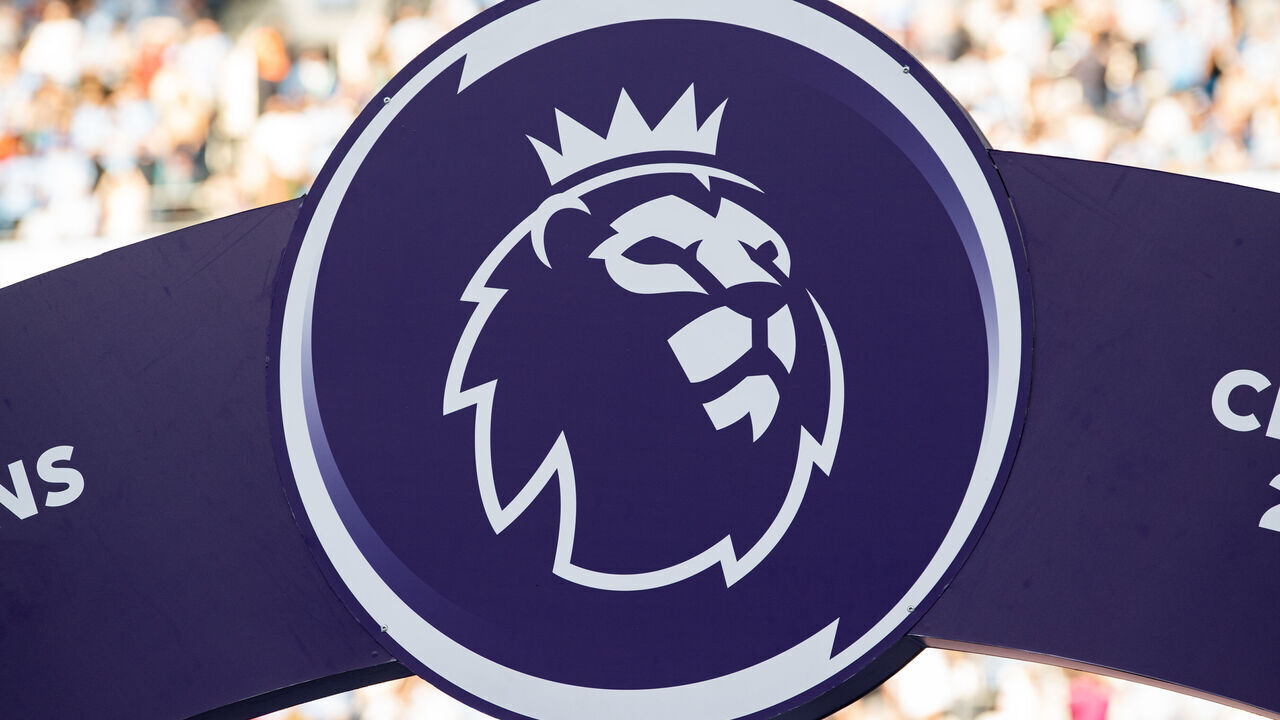 MANCHESTER, ENGLAND - MAY 21: The Premier League logo on the podium after the Premier League match between Manchester City and Chelsea FC at Etihad Stadium on May 21, 2023 in Manchester, England.