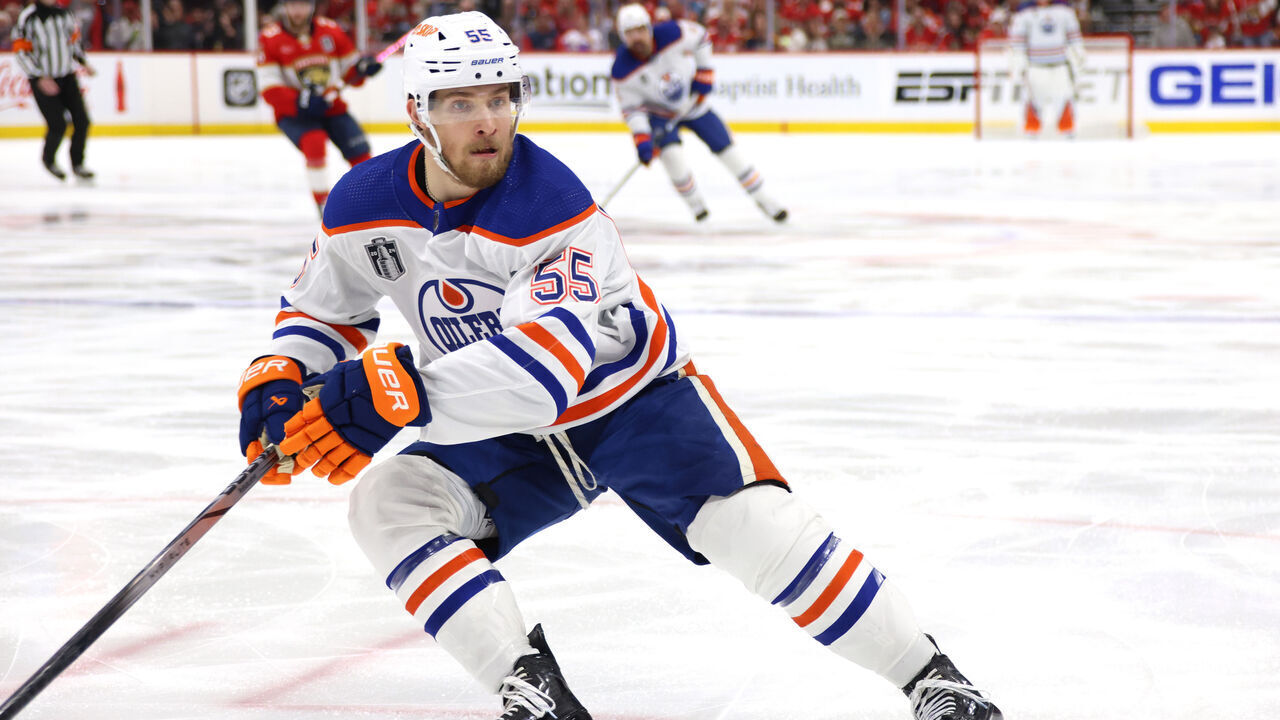 SUNRISE, FLORIDA - JUNE 18: Dylan Holloway #55 of the Edmonton Oilers playsduring the third period of Game Five of the 2024 Stanley Cup Final between the Edmonton Oilers and the Florida Panthers at Amerant Bank Arena on June 18, 2024 in Sunrise, Florida.
