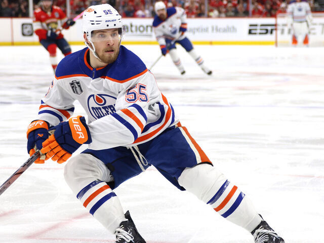 SUNRISE, FLORIDA - JUNE 18: Dylan Holloway #55 of the Edmonton Oilers playsduring the third period of Game Five of the 2024 Stanley Cup Final between the Edmonton Oilers and the Florida Panthers at Amerant Bank Arena on June 18, 2024 in Sunrise, Florida.