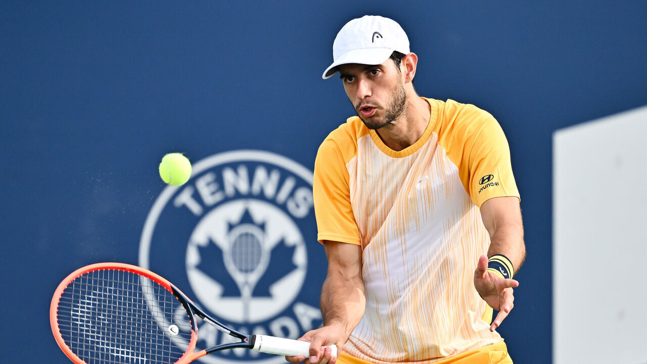 MONTREAL, CANADA - AUGUST 06: Nuno Borges of Portugal plays a forehand against Miomir Kecmanovic of Serbia in the Men's Singles first round match during Day One of the ATP Masters 1000 National Bank Open at Stade IGA on August 6, 2024 in Montreal, Canada.