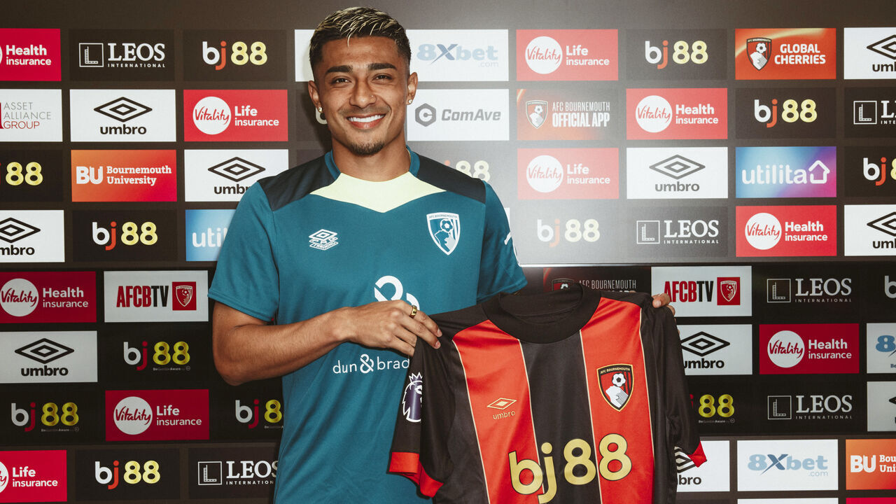 BOURNEMOUTH, ENGLAND - AUGUST 13: AFC Bournemouth unveil new signing Julian Araujo at Vitality Stadium on August 13, 2024 in Bournemouth, England.