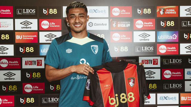 BOURNEMOUTH, ENGLAND - AUGUST 13: AFC Bournemouth unveil new signing Julian Araujo at Vitality Stadium on August 13, 2024 in Bournemouth, England.