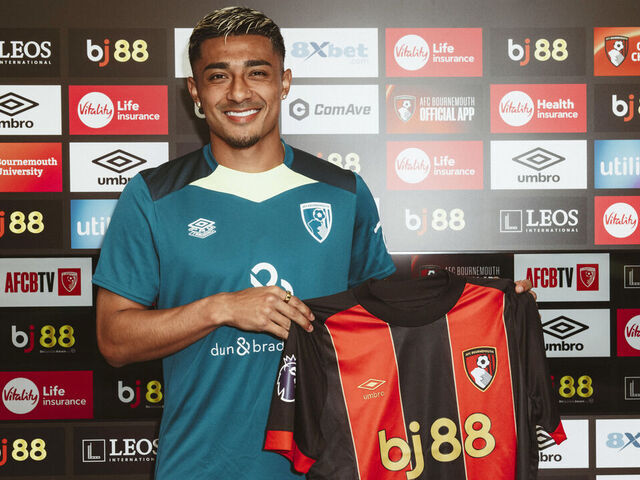 BOURNEMOUTH, ENGLAND - AUGUST 13: AFC Bournemouth unveil new signing Julian Araujo at Vitality Stadium on August 13, 2024 in Bournemouth, England.