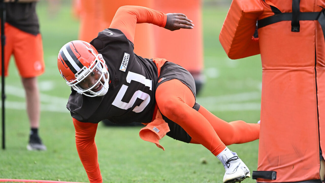 BEREA, OHIO - MAY 22: Mike Hall Jr. #51 of the Cleveland Browns runs a drill during an OTA offseason workout at their CrossCountry Mortgage Campus on May 22, 2024 in Berea, Ohio.