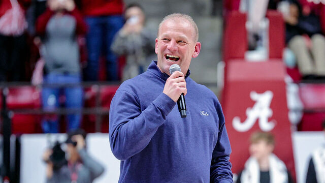 TUSCALOOSA, ALABAMA - JANUARY 16: Alabama Crimson Tide head football coach Karen Deboer addresses the crowd during a time out against the Missouri Tigers at Coleman Coliseum on January 16, 2024 in Tuscaloosa, Alabama.