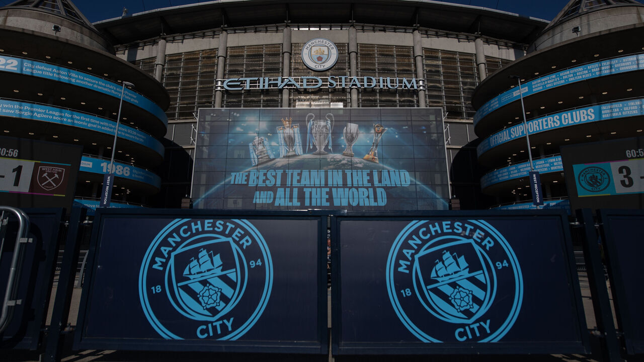 MANCHESTER, ENGLAND - MAY 19: A general view outside the stadium prior to the Premier League match between Manchester City and West Ham United at Etihad Stadium on May 19, 2024 in Manchester, England.