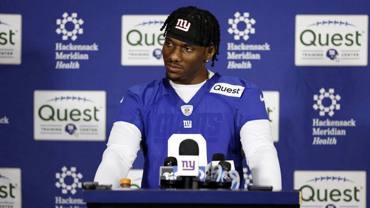 EAST RUTHERFORD, NEW JERSEY - MAY 10: Wide receiver Malik Nabers speaks to the media during New York Giants Rookie Minicamp at Quest Diagnostics Training Center on May 10, 2024 in East Rutherford, New Jersey.