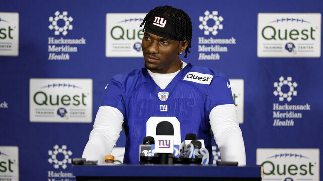 EAST RUTHERFORD, NEW JERSEY - MAY 10: Wide receiver Malik Nabers speaks to the media during New York Giants Rookie Minicamp at Quest Diagnostics Training Center on May 10, 2024 in East Rutherford, New Jersey.