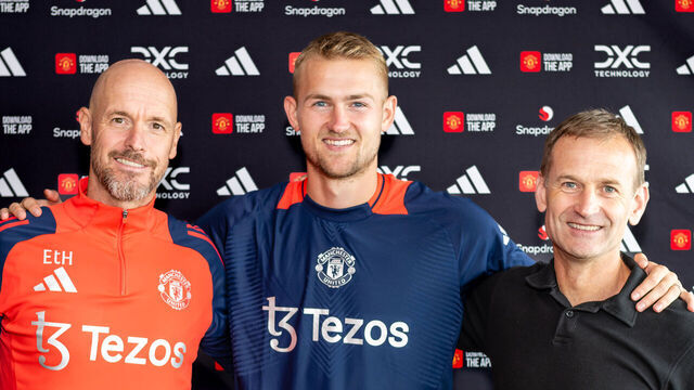 MANCHESTER, ENGLAND - AUGUST 13: (EXCLUSIVE COVERAGE) Matthijs de Ligt of Manchester United poses with Manager Erik ten Hag and Sporting Director Dan Ashworth after signing for the club at Carrington Training Ground on August 13, 2024 in Manchester, England.