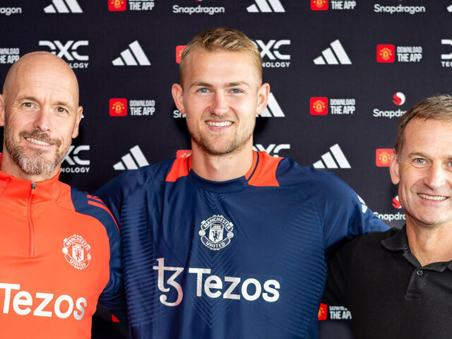 MANCHESTER, ENGLAND - AUGUST 13: (EXCLUSIVE COVERAGE) Matthijs de Ligt of Manchester United poses with Manager Erik ten Hag and Sporting Director Dan Ashworth after signing for the club at Carrington Training Ground on August 13, 2024 in Manchester, England.