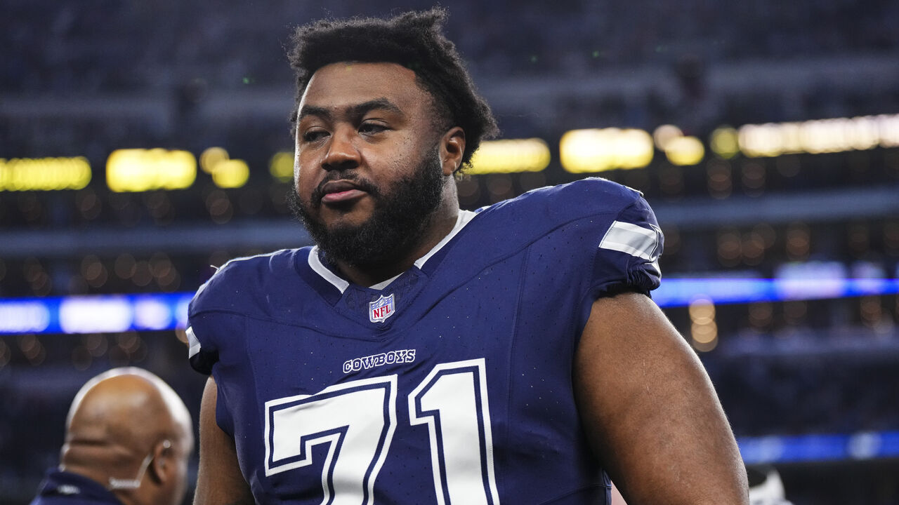 ARLINGTON, TX - DECEMBER 30: Chuma Edoga #71 of the Dallas Cowboys walks off of the field after an NFL football game against the Detroit Lions at AT&T Stadium on December 30, 2023 in Arlington, Texas.
