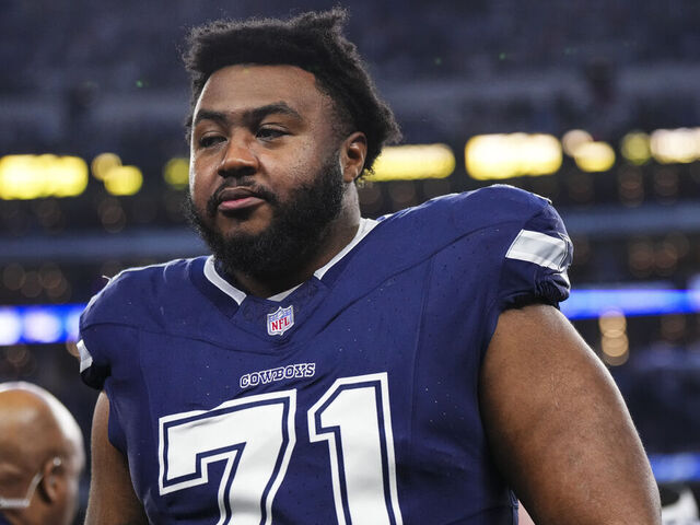 ARLINGTON, TX - DECEMBER 30: Chuma Edoga #71 of the Dallas Cowboys walks off of the field after an NFL football game against the Detroit Lions at AT&T Stadium on December 30, 2023 in Arlington, Texas.