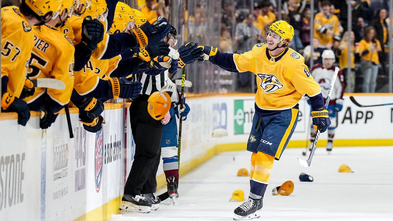 NASHVILLE, TENNESSEE - MARCH 2: Cody Glass #8 of the Nashville Predators celebrates his hat trick goal against the Colorado Avalanche during an NHL game at Bridgestone Arena on March 2, 2024 in Nashville, Tennessee.