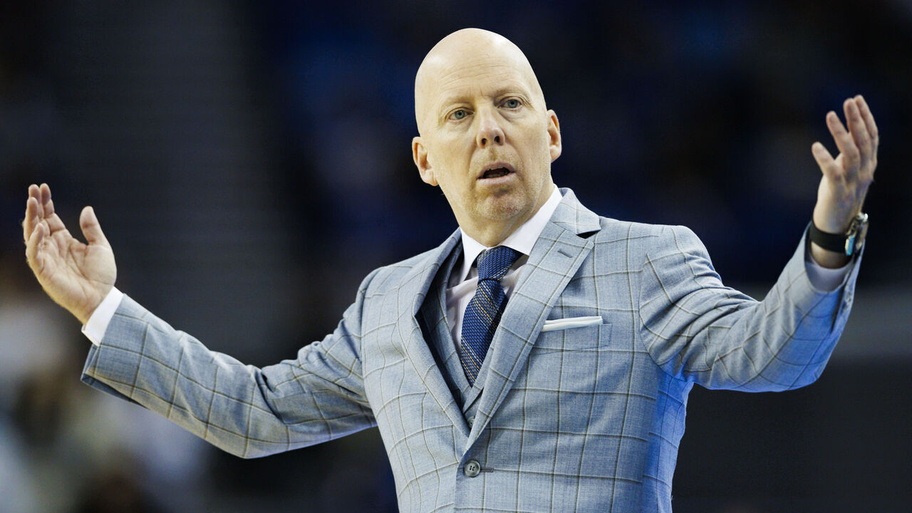 LOS ANGELES, CA - MARCH 07: UCLA Bruins head coach Mick Cronin reacts during a college basketball game against the Arizona Wildcats on March 7, 2024 at Pauley Pavilion in Los Angeles, CA.