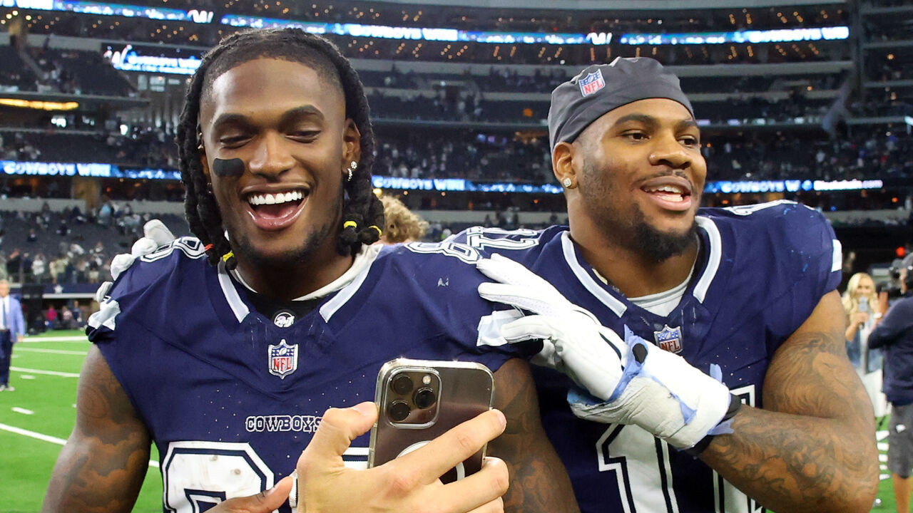 ARLINGTON, TEXAS - OCTOBER 29: CeeDee Lamb #88 and Micah Parsons #11 of the Dallas Cowboys celebrate after the win over the Los Angeles Rams at AT&T Stadium on October 29, 2023 in Arlington, Texas.