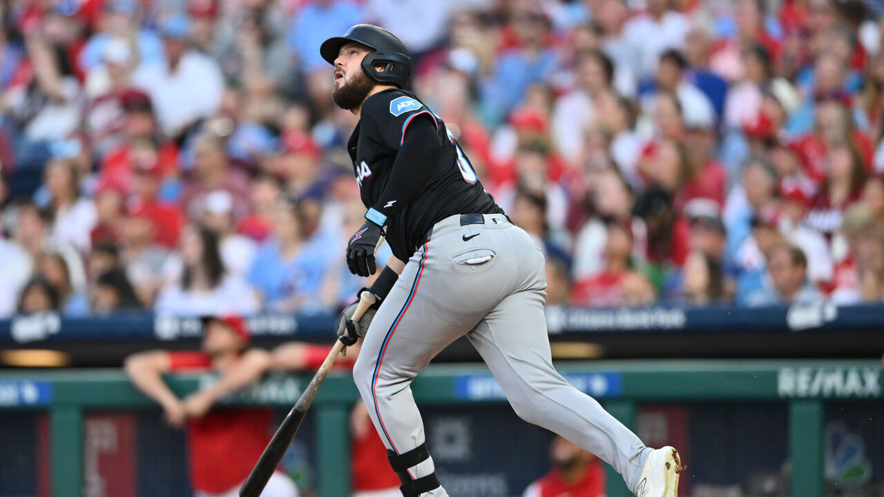 PHILADELPHIA, PA - AUGUST 13: Miami Marlins third baseman Jake Burger (36) hits a home run in the third inning during the game between the Miami Marlins and Philadelphia Phillies on August 13, 2024 at Citizens Bank Park in Philadelphia, PA.