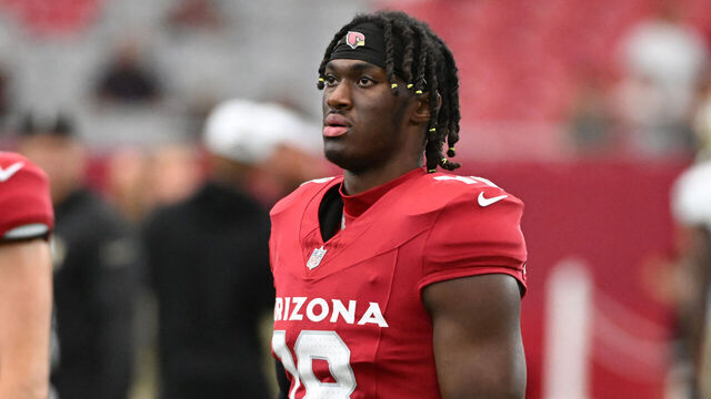 GLENDALE, ARIZONA - AUGUST 10: Marvin Harrison Jr #18 of the Arizona Cardinals prepares for a game against the New Orleans Saints at State Farm Stadium on August 10, 2024 in Glendale, Arizona.