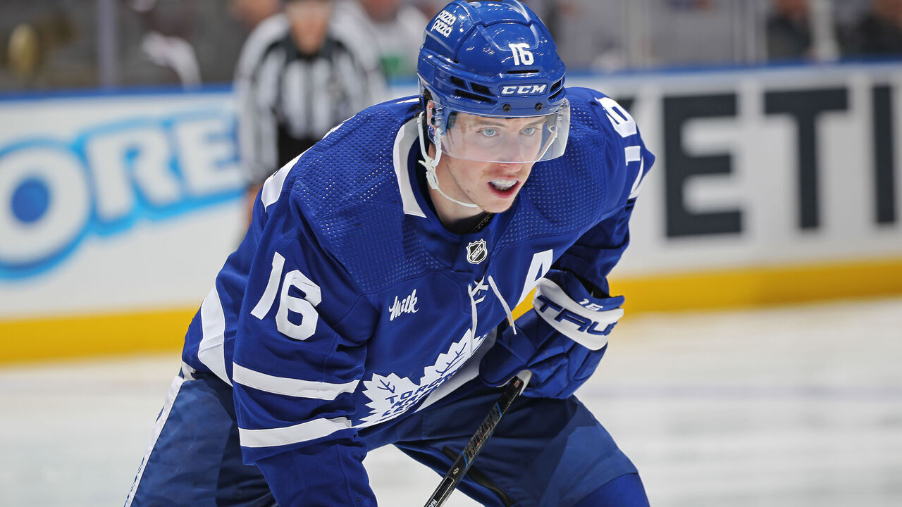 TORONTO, CANADA - APRIL 27: Mitchell Marner #16 of the Toronto Maple Leafs gets set for action to resume against the Boston Bruins in Game Four of the First Round of the 2024 Stanley Cup Playoffs at Scotiabank Arena on April 27, 2024 in Toronto, Ontario, Canada. The Bruins defeated the Maple Leafs 3-1.