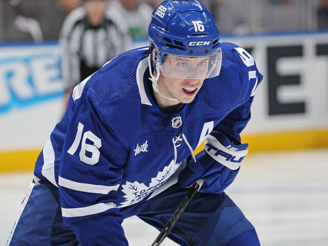 TORONTO, CANADA - APRIL 27: Mitchell Marner #16 of the Toronto Maple Leafs gets set for action to resume against the Boston Bruins in Game Four of the First Round of the 2024 Stanley Cup Playoffs at Scotiabank Arena on April 27, 2024 in Toronto, Ontario, Canada. The Bruins defeated the Maple Leafs 3-1.