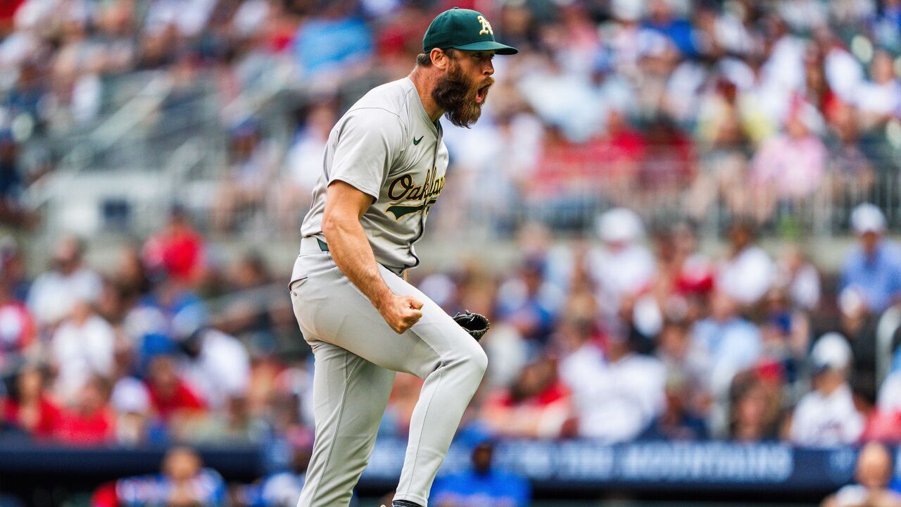ATLANTA, GA - JUNE 1: Austin Adams #29 of the Oakland Athletics celebrates in the eighth inning against the Atlanta Braves at Truist Park on June 1, 2024 in Atlanta, Georgia.