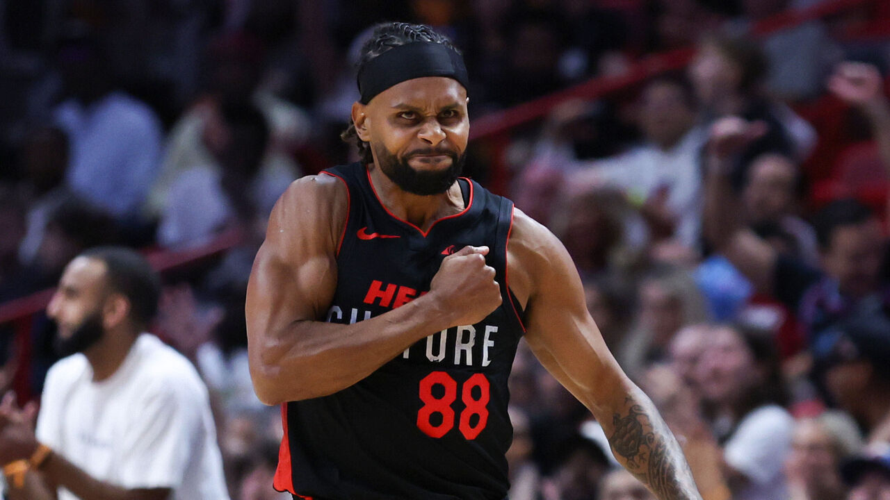 MIAMI, FLORIDA - APRIL 10: Patty Mills #88 of the Miami Heat reacts during the first quarter against the Dallas Mavericks at Kaseya Center on April 10, 2024 in Miami, Florida.