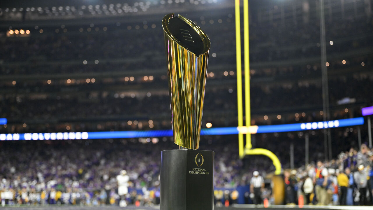 HOUSTON, TEXAS - JANUARY 08: A view of the The College Football Playoff National Championship Trophy during the 2024 CFP National Championship game between the Michigan Wolverines and the Washington Huskies at NRG Stadium on January 08, 2024 in Houston, Texas. The Michigan Wolverines won 34-13.