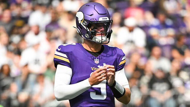 MINNEAPOLIS, MINNESOTA - AUGUST 10: J.J. McCarthy #9 of the Minnesota Vikings looks on in the second quarter of the preseason game against the Las Vegas Raiders at U.S. Bank Stadium on August 10, 2024 in Minneapolis, Minnesota.