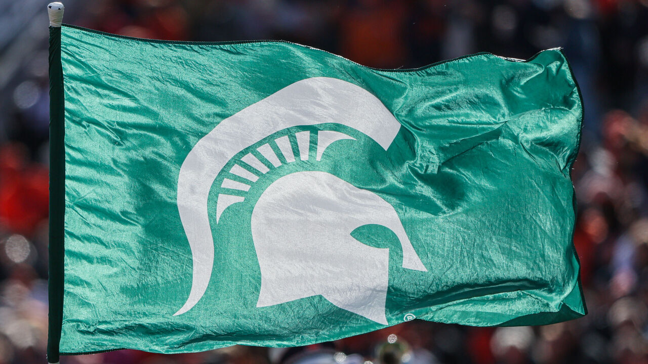 CHAMPAIGN, IL - NOVEMBER 05: A Michigan State Spartans flag is seen before the game against the Illinois Fighting Illini at Memorial Stadium on November 5, 2022 in Champaign, Illinois.