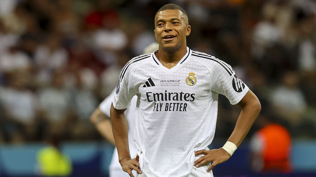 WARSAW, POLAND - AUGUST 14: Kylian Mbappe of Real Madrid looks on during the UEFA Super Cup 2024 match between Real Madrid and Atalanta BC at National Stadium on August 14, 2024 in Warsaw, Poland.