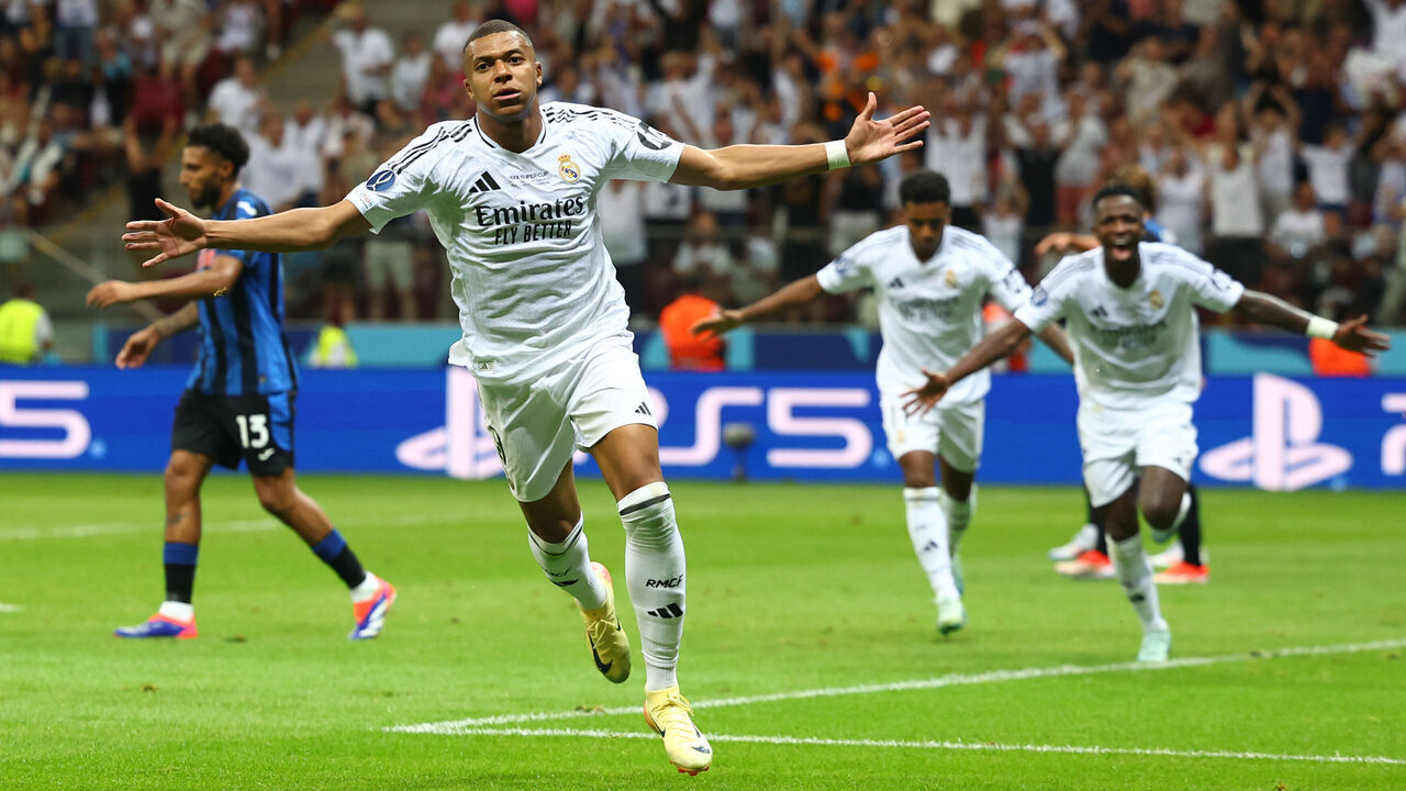 WARSAW, POLAND - AUGUST 14: Kylian Mbappe of Real Madrid celebrates scoring a goal to make the score 2-0 during the UEFA Super Cup 2024 match between Real Madrid and Atalanta BC at National Stadium on August 14, 2024 in Warsaw, Poland.