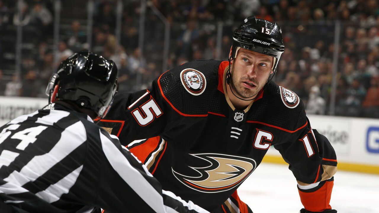 ANAHEIM, CA - APRIL 19: Ryan Getzlaf #15 of the Anaheim Ducks lines up for a face-off during the game against the Los Angeles Kings at Honda Center on April 19, 2022 in Anaheim, California.