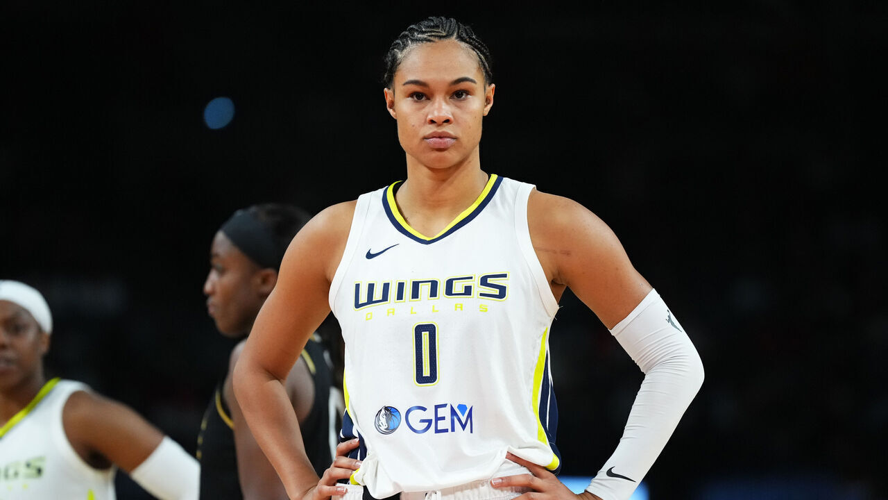 LAS VEGAS, NV - SEPTEMBER 24: Satou Sabally #0 of the Dallas Wings looks on during the game against the Las Vegas Aces during round two game one of the 2023 WNBA Playoffs on September 24, 2023 at T-Mobile Arena in Las Vegas, Nevada. Mandatory Copyright Notice: Copyright 2023 NBAE