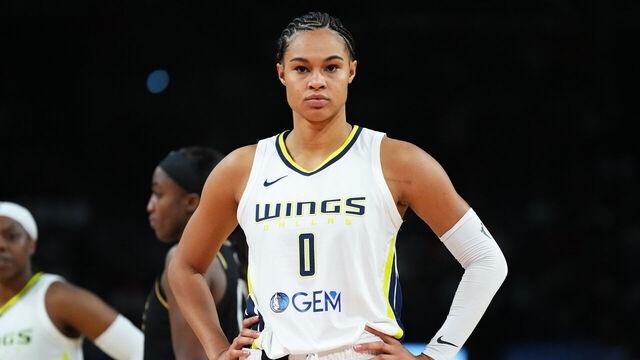 LAS VEGAS, NV - SEPTEMBER 24: Satou Sabally #0 of the Dallas Wings looks on during the game against the Las Vegas Aces during round two game one of the 2023 WNBA Playoffs on September 24, 2023 at T-Mobile Arena in Las Vegas, Nevada. Mandatory Copyright Notice: Copyright 2023 NBAE