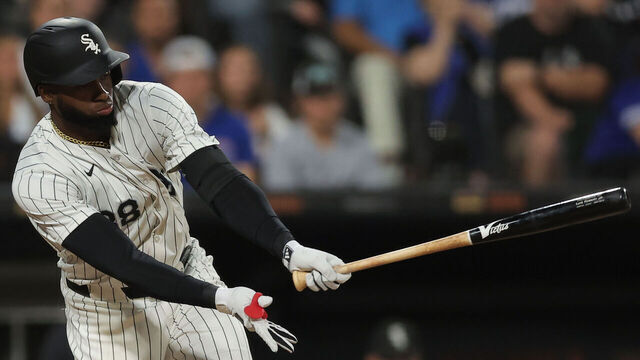 CHICAGO, IL - AUGUST 09: Luis Robert Jr. #88 of the Chicago White Sox strikes out swinging during the fourth inning of a baseball game against the Chicago Cubs on August 9, 2024 at Guaranteed Rate Field in Chicago,Illinois.