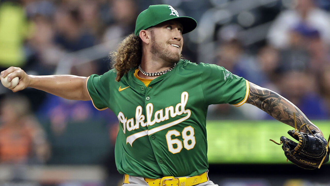 NEW YORK, NY - AUGUST 14: Joey Estes #68 of the Oakland Athletics pitches during the first inning against the New York Mets at Citi Field on August 14, 2024 in New York City.