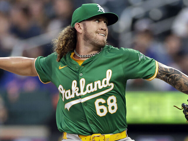NEW YORK, NY - AUGUST 14: Joey Estes #68 of the Oakland Athletics pitches during the first inning against the New York Mets at Citi Field on August 14, 2024 in New York City.