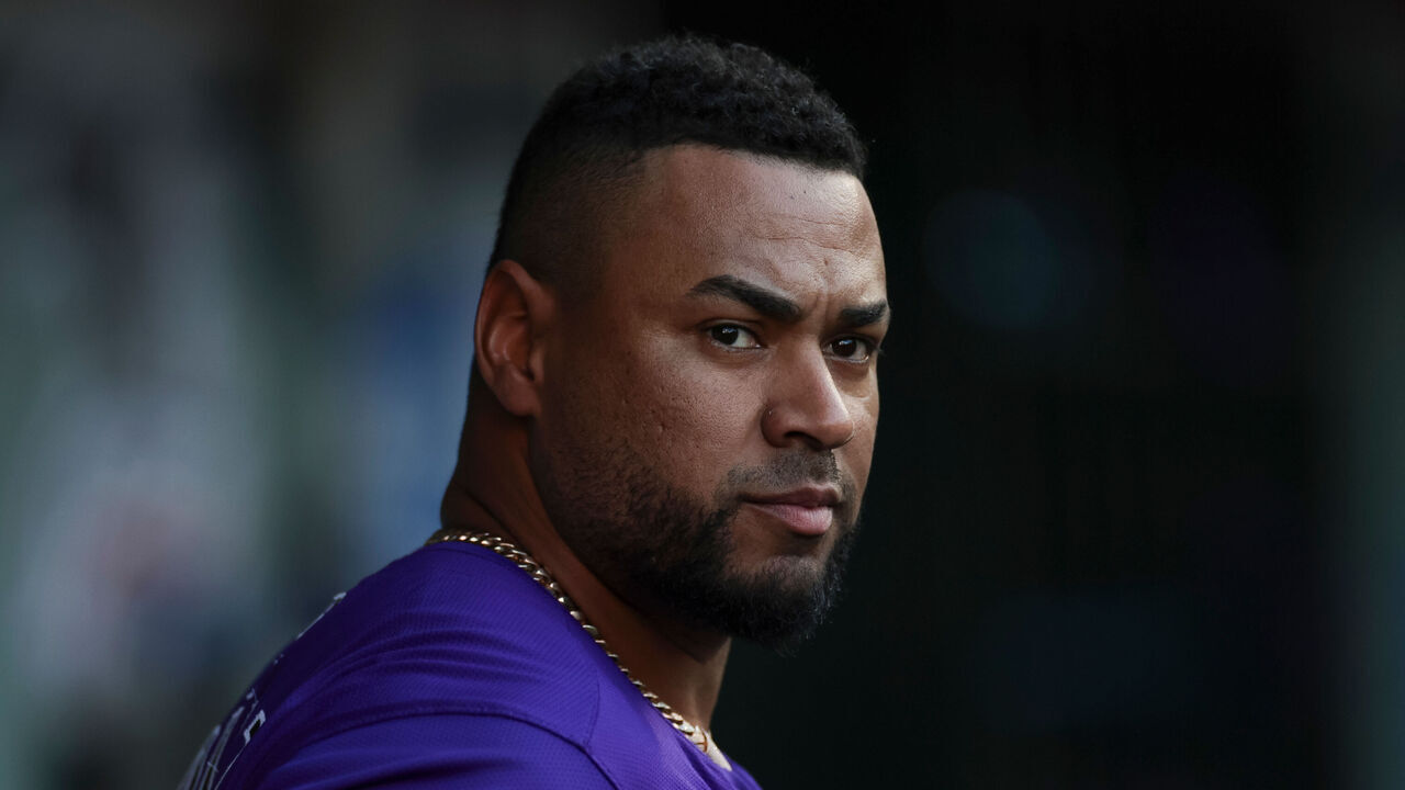 ANAHEIM, CALIFORNIA - JULY 30: Elias Diaz #35 of the Colorado Rockies looks on in the dugout during a game against the Los Angeles Angels at Angel Stadium of Anaheim on July 30, 2024 in Anaheim, California.