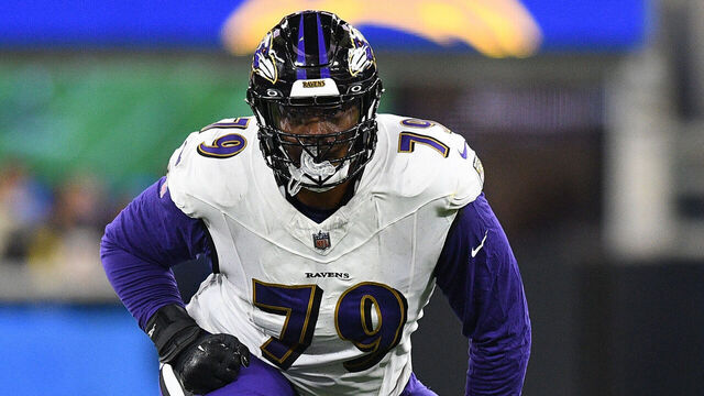 INGLEWOOD, CA - NOVEMBER 26: Baltimore Ravens tackle Ronnie Stanley (79) looks on during the NFL regular season game between the Baltimore Ravens and the Los Angeles Chargers on November 26, 2023, at SoFi Stadium in Inglewood, CA.
