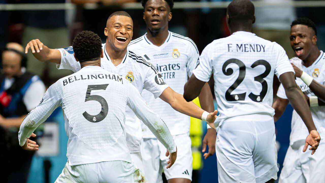 WARSAW, POLAND - AUGUST 14: Kylian Mbappe of Real Madrid celebrates after scoring for 2:0 during the UEFA Super Cup 2024 match between Real Madrid and Atalanta BC at National Stadium on August 14, 2024 in Warsaw, Poland.