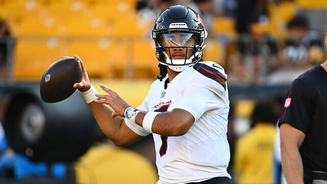 PITTSBURGH, PENNSYLVANIA - AUGUST 9: C.J. Stroud #7 of the Houston Texans warms up before the preseason game against the Pittsburgh Steelers at Acrisure Stadium on August 9, 2024 in Pittsburgh, Pennsylvania.