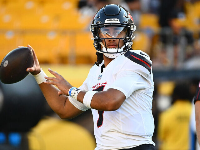 PITTSBURGH, PENNSYLVANIA - AUGUST 9: C.J. Stroud #7 of the Houston Texans warms up before the preseason game against the Pittsburgh Steelers at Acrisure Stadium on August 9, 2024 in Pittsburgh, Pennsylvania.