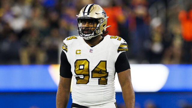 INGLEWOOD, CALIFORNIA - DECEMBER 21: Cameron Jordan #94 of the New Orleans Saints defends during a game against the Los Angeles Rams at SoFi Stadium on December 21, 2023 in Inglewood, California.