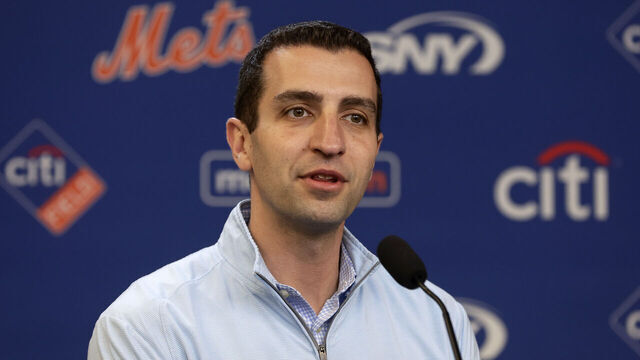 NEW YORK, NEW YORK - MAY 28: (NEW YORK DAILIES OUT) New York Mets President David Stearns speaks to the media before a game against the Los Angeles Dodgers at Citi Field on May 28, 2024 in New York City. The Dodgers defeated the Mets 5-2 in ten innings.