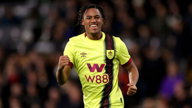 LONDON, ENGLAND - DECEMBER 23: Wilson Odobert of Burnley celebrates after scoring their team's first goal during the Premier League match between Fulham FC and Burnley FC at Craven Cottage on December 23, 2023 in London, England.