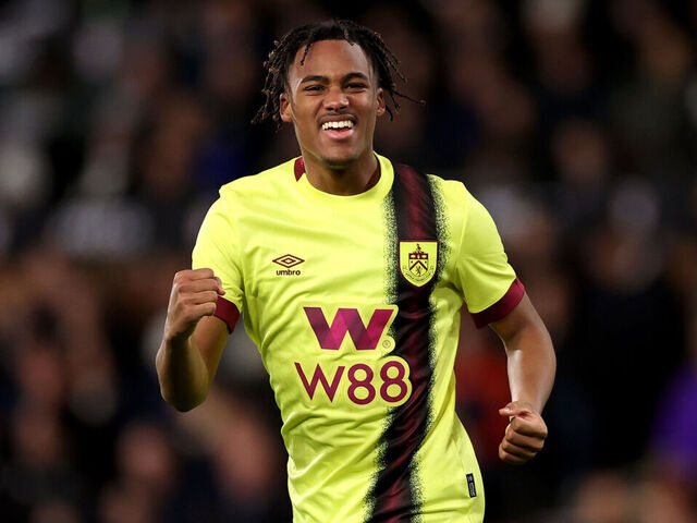 LONDON, ENGLAND - DECEMBER 23: Wilson Odobert of Burnley celebrates after scoring their team's first goal during the Premier League match between Fulham FC and Burnley FC at Craven Cottage on December 23, 2023 in London, England.