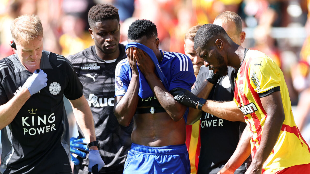 LENS, FRANCE - AUGUST 10: Patson Daka of Leicester City receives treatment before going off injured during the Pre-Season friendly match between RC Lens and Leicester City at Stade Félix Bollaert-Delélis on August 10, 2024 in Lens.