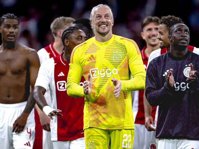 Ajax player Carlos Forbs and Ajax goalkeeper Remko Pasveer are playing during the match Ajax vs. Panathinaikos at the Johan Cruijff ArenA for the Europa League third qualifying round 2nd leg season 2024-2025 in Amsterdam, Netherlands, on August 15, 2024.