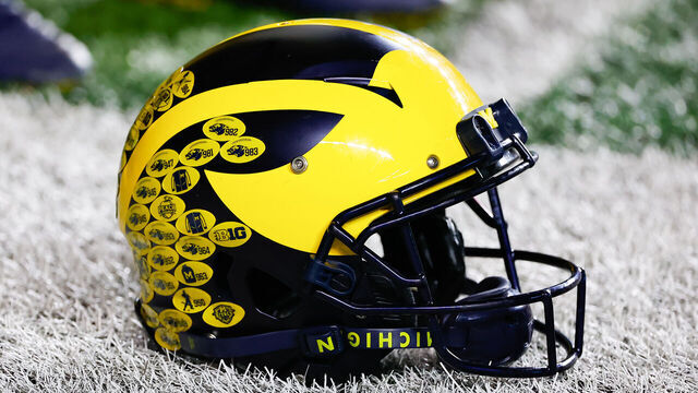 PISCATAWAY, NJ - NOVEMBER 05: A general view of a Michigan Wolverines helmet on the field prior to the college football game against the Rutgers Scarlet Knights on November 5, 2022 at SHI Stadium in Piscataway, New Jersey.